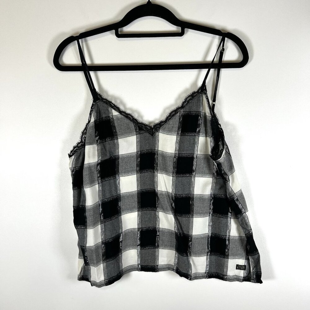 Victoria’s Secret Checkered Lace Camisole Cami Sz L Black White Flannel Shimmer